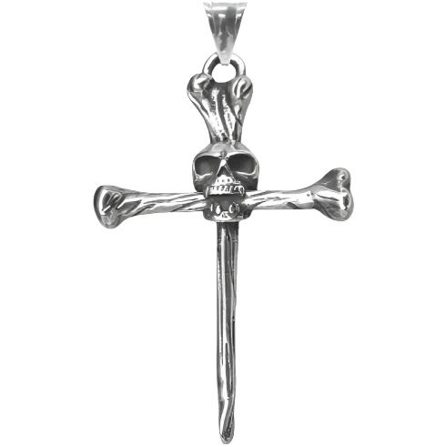 Stainless Steel Cross Pendant with Skull and Bones