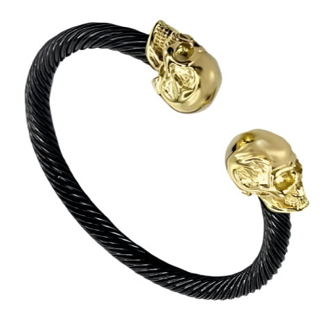 Black Open Cable Bangle Gold Plated Stainless Steel Skull Heads