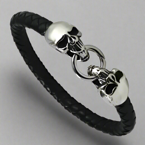 Black Braided Leather Skull Bracelet