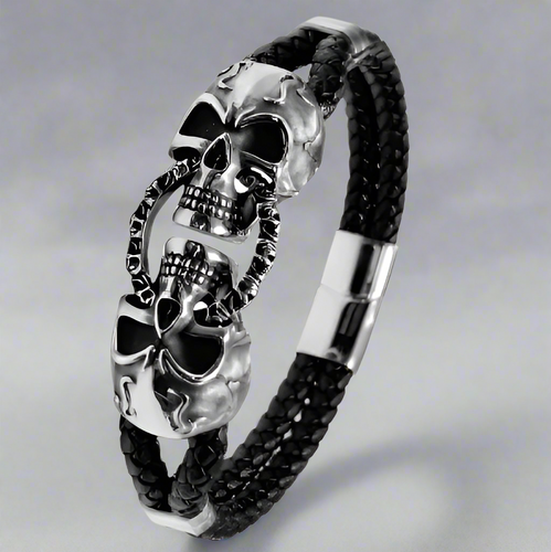 Leather Wide Belt Bracelet with Stainless Steel Skull