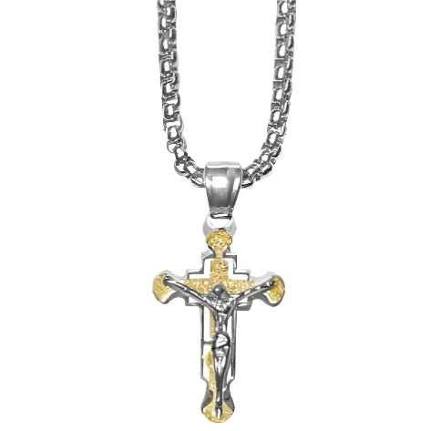 Stainless Steel Two-Toned 14kt Gold Plated Crucifix Cross with Chain