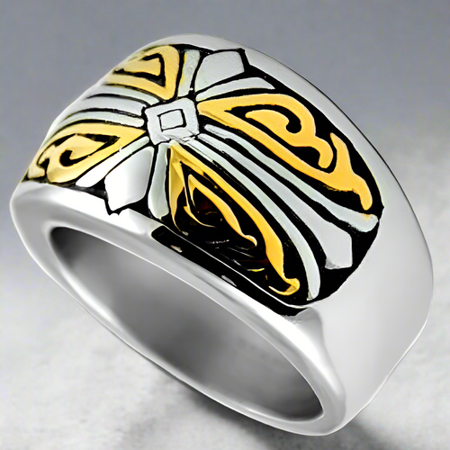 Stainless Steel Ring With Gold Tribal Design