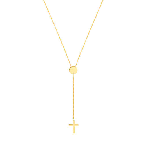 Religious Cross Lariat 14kt Gold Necklace with Disc Accent