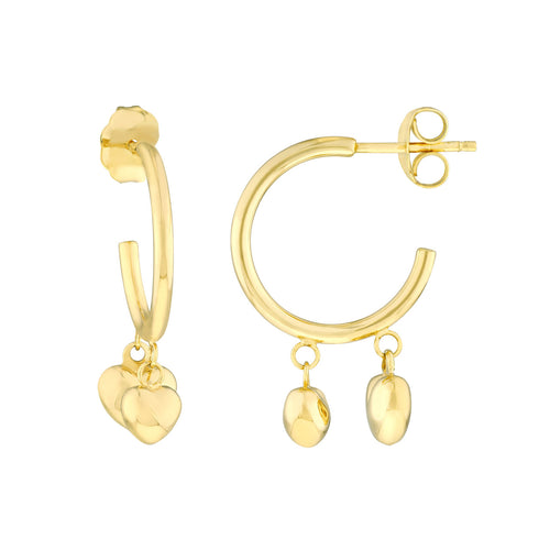 Hoop Earrings with Puffy Heart 14kt Gold Dangle Earrings