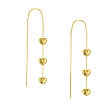 Load image into Gallery viewer, Triple-Puffed Heart Threader 14kt Gold Earrings