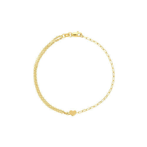 50/50 Paper Clip + Double Rolo Heart 14kt Gold Bracelet