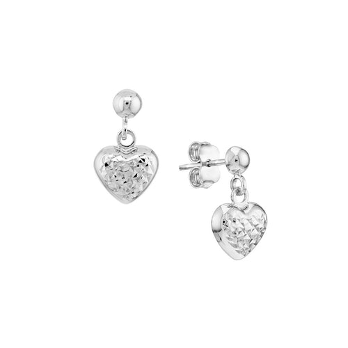 Diamond-Cut Puffed Heart Dangle Gold Earrings